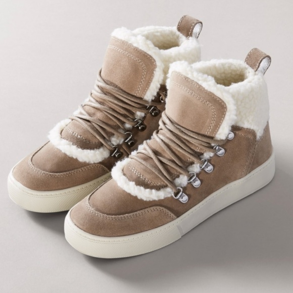 NIB Marc Fisher Sana Shearling Suede Sneakers Tan Leather 11 Sherpa Faux Fur